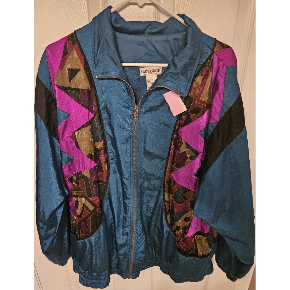 80s Vintage Windbreake Lady Lavon 100% Nylon Colorful Pattern Zip Jacket Size XL